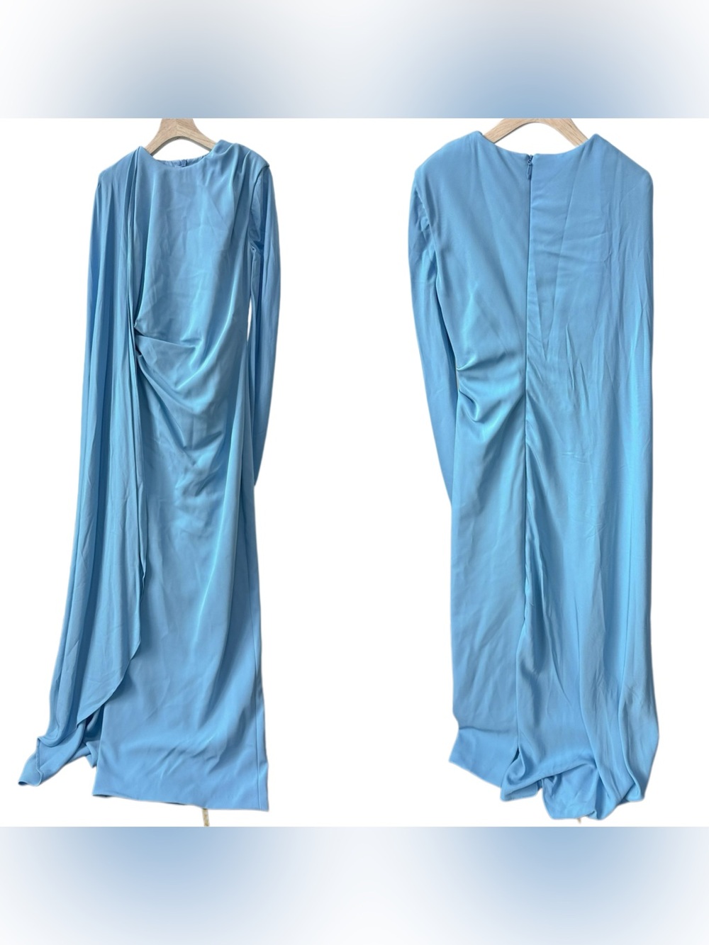 Rachel Gilbert Dion Blue Long Sleeve caped draped asymmetrical Maxi gown NWOT - Picture 6 of 14